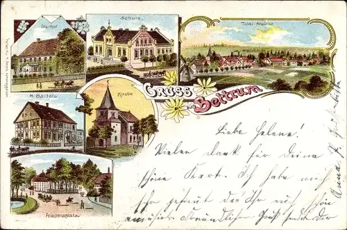 Litho Bettrum Söhlde Niedersachsen, Geschäftshaus H. Bartels, Pfarrhof, Schule,Kirche, Friedensplatz