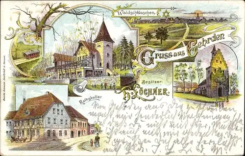 Litho Gehrden in Niedersachsen, Waldschlösschen, Bes. H. Löchner, Kirche, Ratskeller