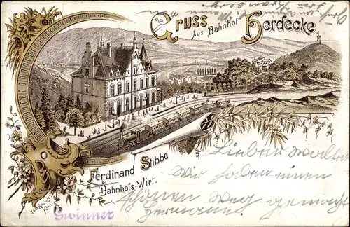 Litho Herdecke an der Ruhr, Bahnhof Gleisseite, Bahnhofswirtschaft