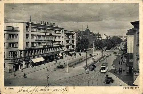 Ak Szczecin Stettin Pommern, Paradeplatz, Straßenbahn