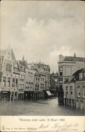 Ak Vlissingen Zeeland Niederlande, Hochwasser, überschwemmte Straße, 12 Maart 1906