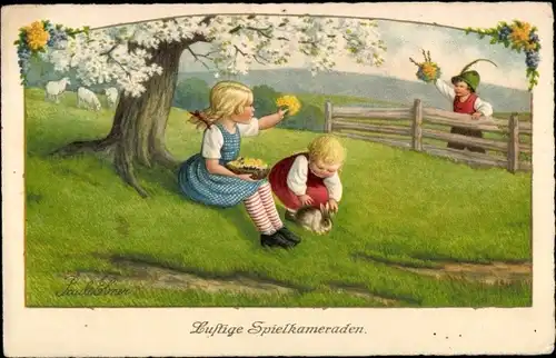 Künstler Ak Ebner, Pauli, Lustige Spielkameraden, Kinder mit Hase auf einer Wiese