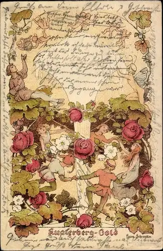 Künstler Ak Schroedter, Hans, Reklame, Kupferberg Gold Sekt, Rosenblüten, Elfen