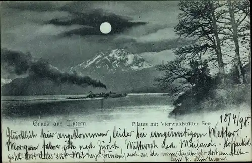 Mondschein Ak Kanton Luzern Schweiz, Pilatus mit Vierwaldstätter See bei Nacht