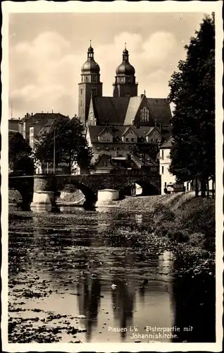 Ak Plauen im Vogtland, Elsterpartie mit Johanniskirche, Brücke