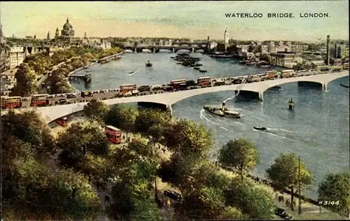 Ak London City England, Waterloo Bridge, Uferpromenade, Schiffsverkehr, Doppeldeckerbusse