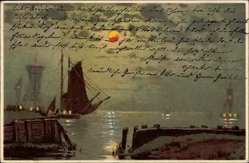 Litho Segelschiffe auf dem Meer bei Nacht