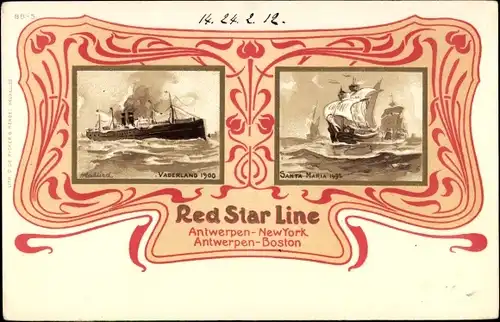 Passepartout Ak Red Star Line, Antwerpen New York, Boston, Passagierdampfer Vaderland 1900