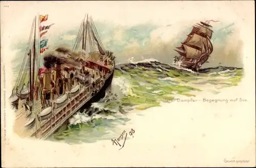 Künstler Ak Jensen, Auswander Dampfer, Begegnung auf See, Segelschiff