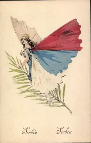 Ak Serbien, Allegorie, Frau mit Schmetterlingsflügeln