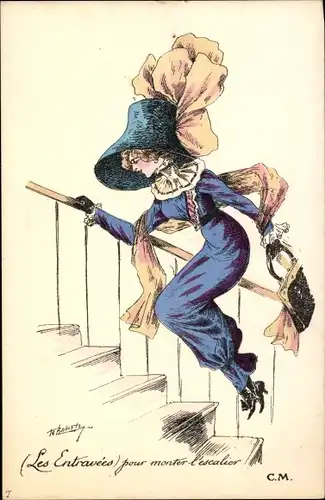 Künstler Ak Les Entravées, pour monter l'escalier, Frau rutscht Treppengeländer runter
