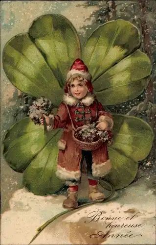 Präge Litho Glückwunsch Neujahr, Kind mit Blumen, Kleeblatt