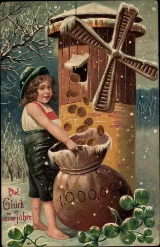 Präge Litho Glückwunsch Neujahr, Windmühle, Junge mit Geldsack, Münzen, Kleeblätter