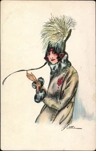 Künstler Ak Maison Kurt, E., Frau im Mantel mit Hut