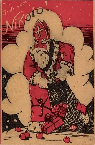 Ak Glückwunsch Weihnachten, Gruß vom Nikolo, Nikolaus mit Geschenkesack