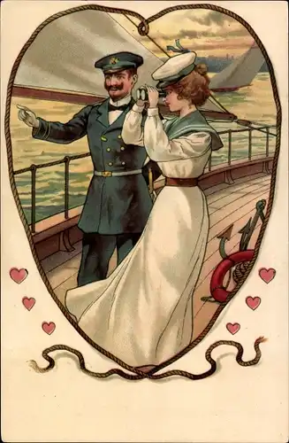 Litho Kapitän und Frau mit Fernglas, Amor, Seemann