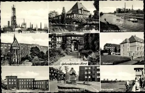 Ak Horst Gelsenkirchen Ruhrgebiet, Geisenberg Benzin Crackanlage, Schloss Horst, Sparkasse, Rennbahn