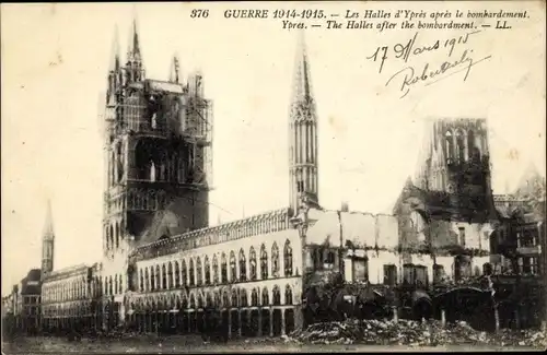 Ak Ypres Ypern Flandern, Les Halles apres le bombardement, Kriegszerstörung 1. WK