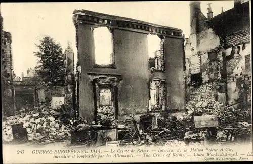 Ak Reims Marne, Guerre Europennee 1914, Interieur de la Maison Prieur et Cie, incendiee et bombardee