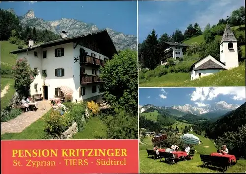 Ak St. Zyprian Tiers Tires Südtirol, Pension Kritzinger, Außenansicht, Kirche