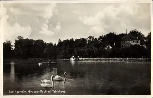 Ak Bad Nauheim in Hessen, Großer Teich mit Teichhaus, Schwäne