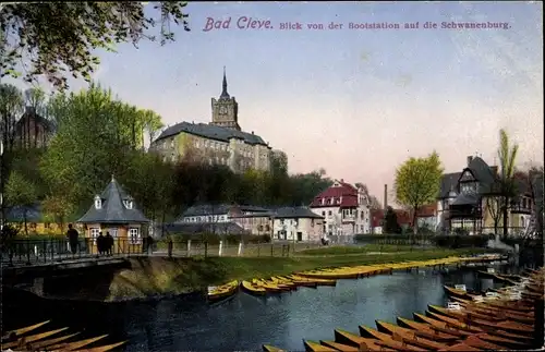Ak Bad Cleve Kleve am Niederrhein, Blick von der Bootstation auf die Schwanenburg