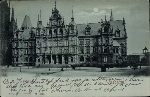 Mondschein Ak Wiesbaden in Hessen, Rathaus