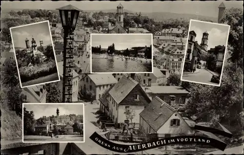 Ak Auerbach im Vogtland, Ortsansicht, Turm, Kirche, Uferbad