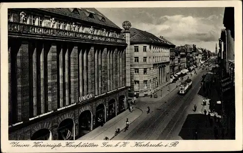 Ak Karlsruhe in Baden, Union Vereinigte Kaufstätten GmbH, Außenansicht, Straßenbahn