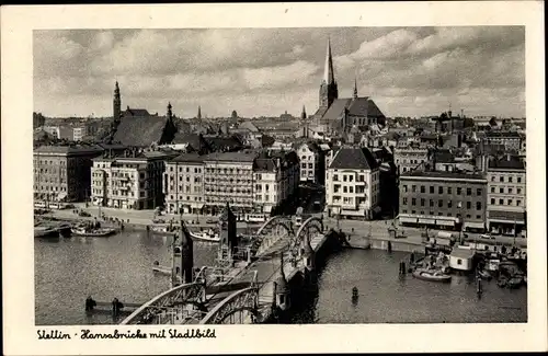 Ak Szczecin Stettin Pommern, Hansabrücke mit Stadtbild, Kirchturm