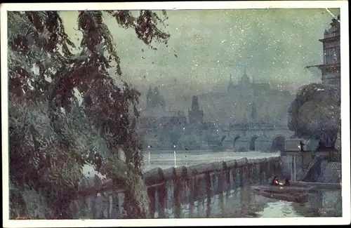 Künstler Ak Setelik, J., Praha Prag, Nachtansicht der Stadt, Brücke, Burg