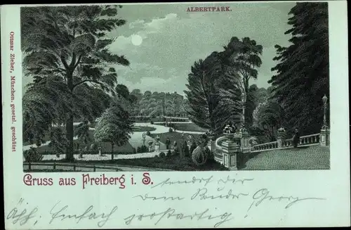 Mondschein Litho Freiberg in Sachsen, Partie im Albertpark