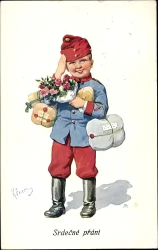 Künstler Ak Feiertag, K., Srdecne prani, Junge in Uniform mit Paketen