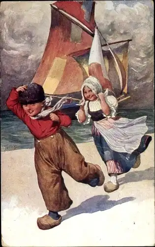 Künstler Ak Feiertag, Karl, Junge und Mädchen am Strand, Segelboot, Holzschuhe, BKWI 476 4