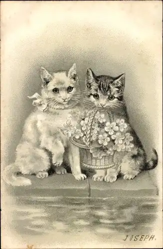 Künstler Litho Joseph, Zwei Kätzchen mit einem Blumenkorb