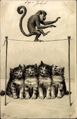 Künstler Ak Katzen, Affe balanciert auf Seil