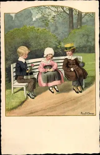 Künstler Ak Ebner, Pauli, Mädchen und zwei Jungen auf einer Bank
