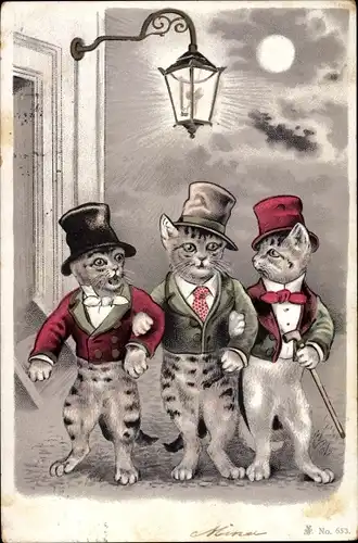 Künstler Litho Vermenschlichte Kater ziehen um die Häuser bei Nacht