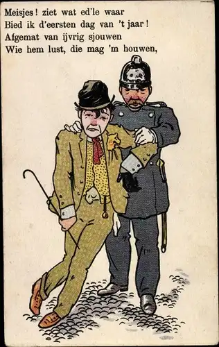 Ak Meisjes, ziet wat ed'le waar, Polizist und betrunkener Mann