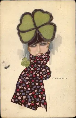 Künstler Ak Nanni, Frau mit Kleeblatt und Schal