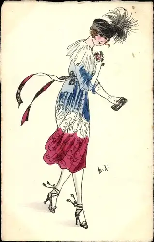 Künstler Ak Miki, Frau in blau weiß rotem Kleid, Tricolore, französische Landesfahne