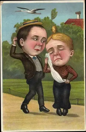 Ak Paar mit großen Köpfen, weinende Frau, Storch