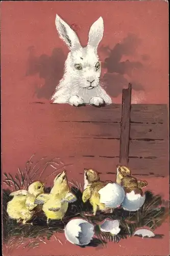 Präge Ak Glückwunsch Ostern, Hase schaut auf Küken