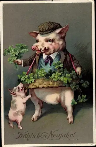 Ak Glückwunsch Neujahr, Vermenschlichtes Schwein als Straßenhändler, Bauchladen, Kleeblätter