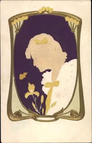 Jugendstil Präge Litho Portrait einer Frau, Schmetterling, Blumen