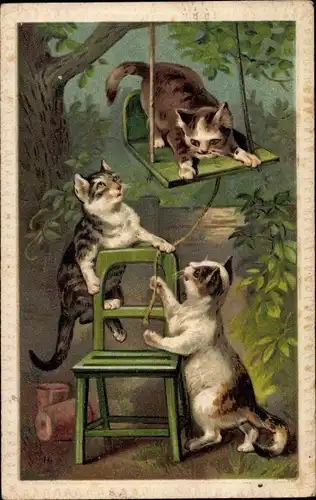 Präge Litho Vermenschlichte Katze, Schaukel