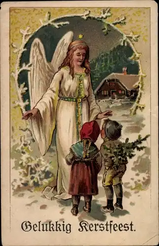 Präge Litho Glückwunsch Weihnachten, Engel und zwei Kinder, Winterlandschaft