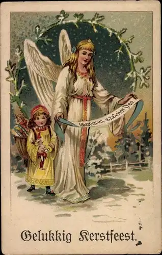 Präge Litho Glückwunsch Weihnachten, Engel und Mädchen mit Puppe, Gloria in excelsior Deo