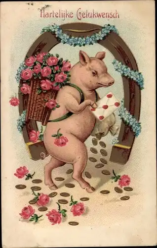 Präge Litho Glückwunsch Neujahr, Vermenschlichtes Schwein mit Rückentrage, Münzen, Hufeisen, Rosen