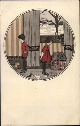 Künstler Ak Junge und Mädchen drehen sich den Rücken zu, Puppenhaus, Puppe